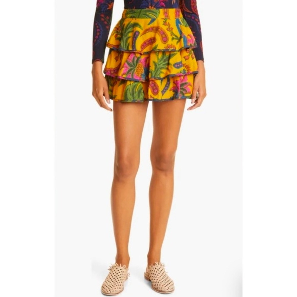 Farm Rio Yellow Tropical Tapestry Mini Skirt Tiered Ruffle Swiss Dot XL NEW